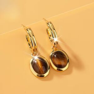 Gold Tigers Eye Drop Hoop Earrings Dangle Oval Gemstone Pendant Crystal Charm